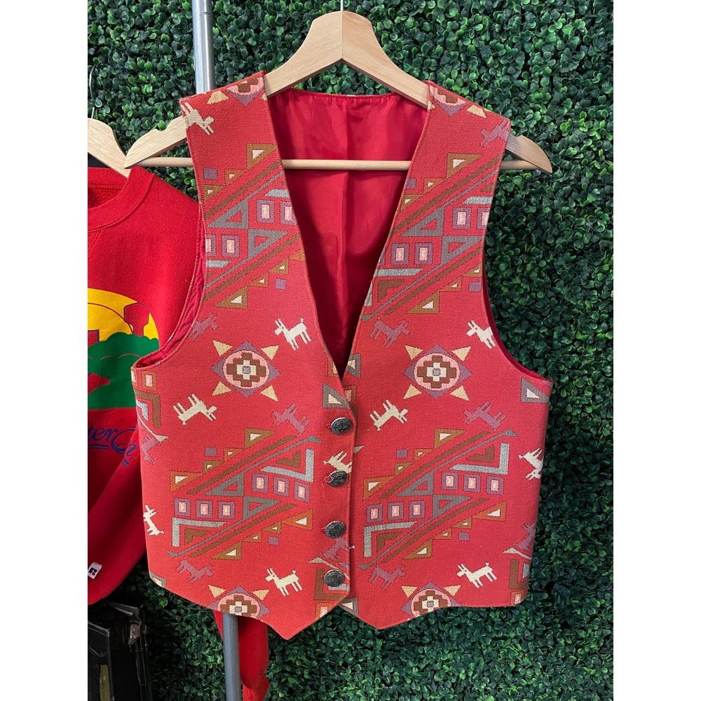 vtg 90s WESTERN HANDMADE VEST Button Up medium // art shapes Aztec tribal farmer